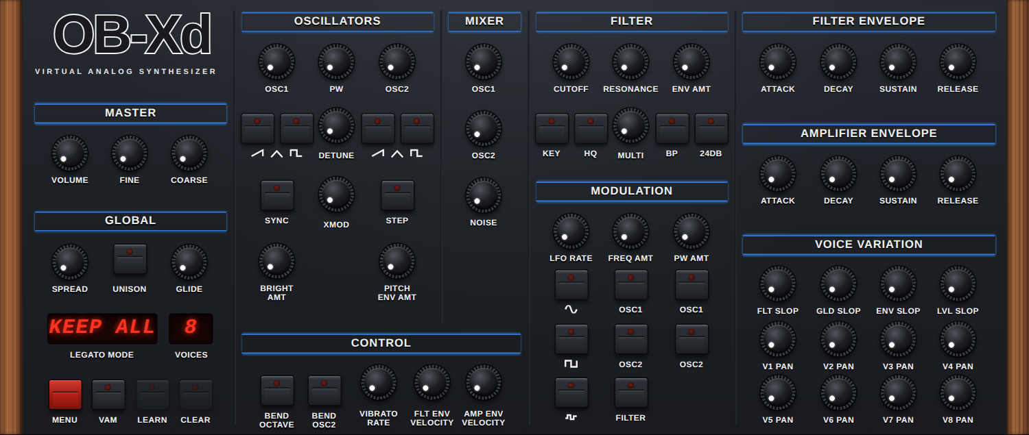 The OB-Xd web editor panel